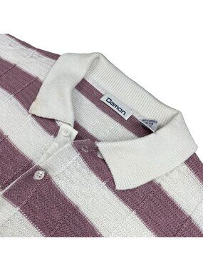 VTG Damon Men's 100% Cotton Knit Polo Sweater Lavender/White Stripe • XL